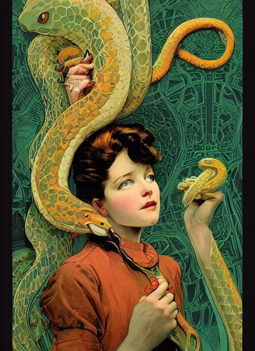 Image similar to an art nouveau illustration of a girl wearing an anorak holding a snake by kilian eng, john berkey and norman rockwell