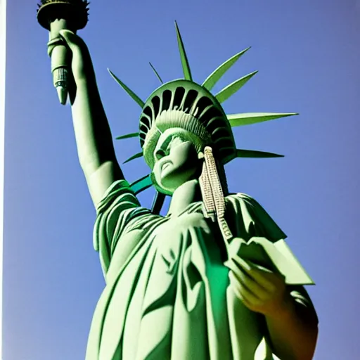 Image similar to kodachrome photo of the statue of liberty as a native indian with headdress, coper cladding