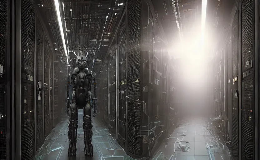 Image similar to extremely detailed cinematic movie still 3 0 7 7 foggy portrait shot of a robot in an endless data centre by denis villeneuve, wayne barlowe, simon birch, marc simonetti, philippe druillet, beeple, bright volumetric sunlight from small windows, rich moody colors