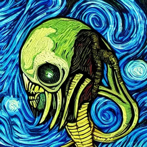 Image similar to a xenomorph in the style of vincent van gogh