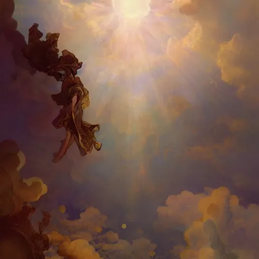 Prompt: child's day dream in the clouds, sharp focus, intricate, elegant, digital painting, artstation, matte, highly detailed, concept art, illustration, volumetric lighting, gold and blue and pink color scheme, art by Rembrandt, alphonse mucha, and greg rutkowski