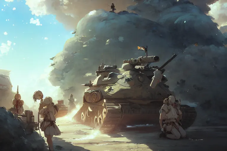 Image similar to baroque oil painting of anime key visual concept art of anime maid soldiers sat inside a tank on the battlefront, official art, trending on artstation, palette knife and brush strokes, oil on canvas, style of makoto shinkai greg rutkowski studio ghibli