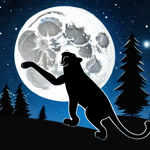 Image similar to a panther roaring at the moon in a forest during the night, large moon in the center. high quality. artistic. illustration. 4 k. cinematic. photoreal. highly detailed. dramatic. dark colors. night.