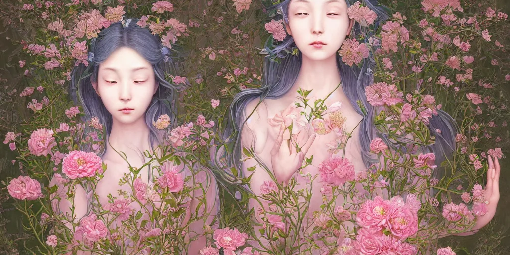 Image similar to breathtaking detailed weird concept art painting of the goddess of light pink flowers, orthodox saint, with anxious, piercing eyes, ornate background, amalgamation of leaves and flowers, by Hsiao-Ron Cheng, James jean, Miho Hirano, Hayao Miyazaki, extremely moody lighting, 8K