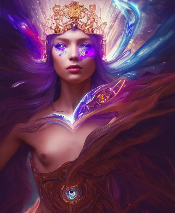 Image similar to a whirlwind of souls rushing inside the metaverse, half body, glowin eyes, tiara with sapphire, pharaoh, android, cyberpunk, d & d, fantasy, intricate, elegant, highly detailed, colorful, vivid color, digital painting, artstation, concept art, art by artgerm and greg rutkowski and alphonse mucha and ruan jia