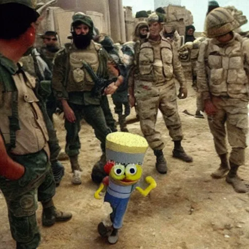 Image similar to spongebob invading of Iraq l historical image circa 2003, photo, still, photorealistic