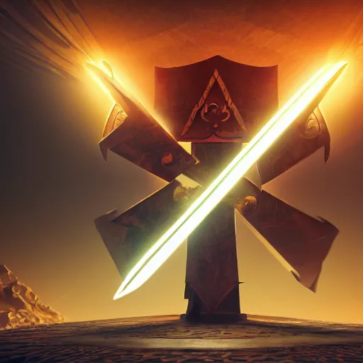 Image similar to full shot of a symmetrical game - icon of giant medieval swords crossed, red powerful fantasy epic legends, game icon stylized, digital illustration radiating, a glowing aura, global illumination, ray tracing, 8 k high definition, intricate details, octane render, unreal engine, trending on arstation