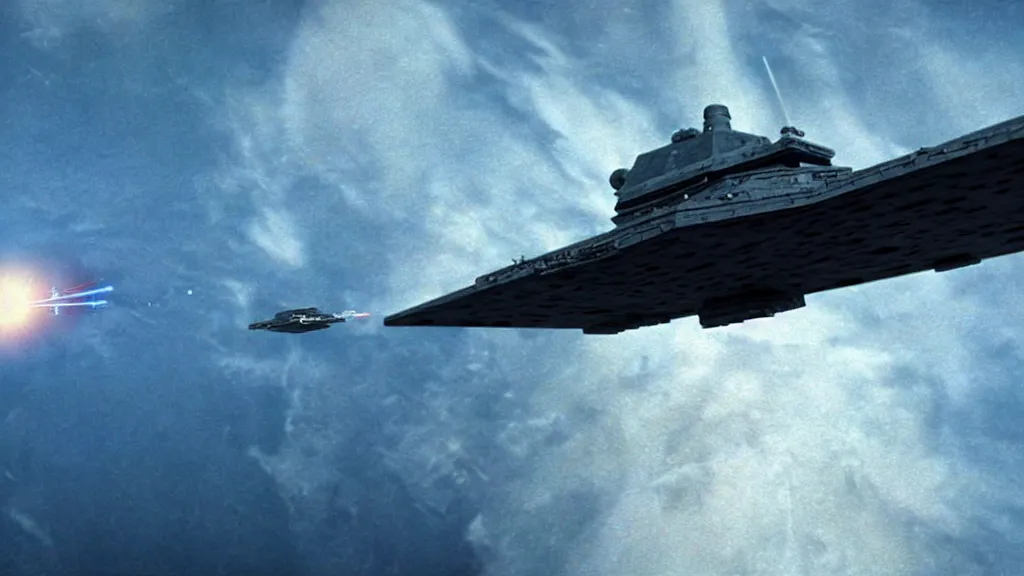 Image similar to Star wars destroyer floating above earth preparing to launch an attack, film still from the movie directed by Denis Villeneuve with art direction by Salvador Dalí, wide lens