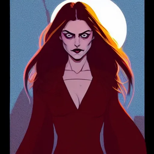 Image similar to Rafeal Albuquerque comic art, Joshua Middleton comic art, pretty female Phoebe Tonkin, vampire, fully red eyes no pupils, sharp vampire teeth, evil smile, horror, symmetrical face, symmetrical eyes, pretty white dress, short black hair, full body:: snow outside::