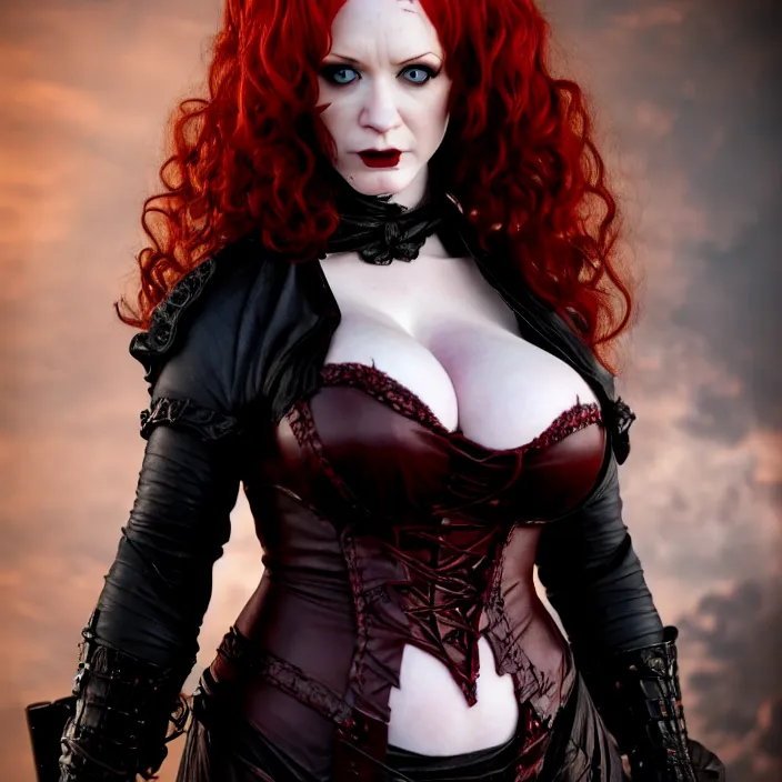 Image similar to full length photograph of a real-life christina hendricks as a vampire warrior, Extremely detailed. 8k