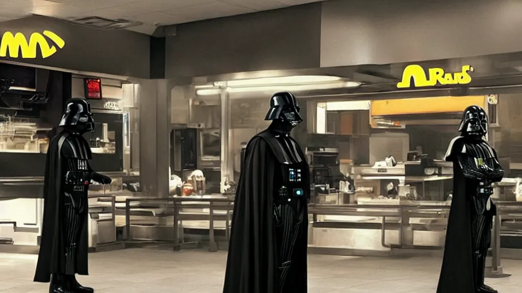 Image similar to Darth Vader!! working at a Mcdonalds!! Drive through, film still from the movie directed by Denis Villeneuve with art direction by Salvador Dalí, wide lens