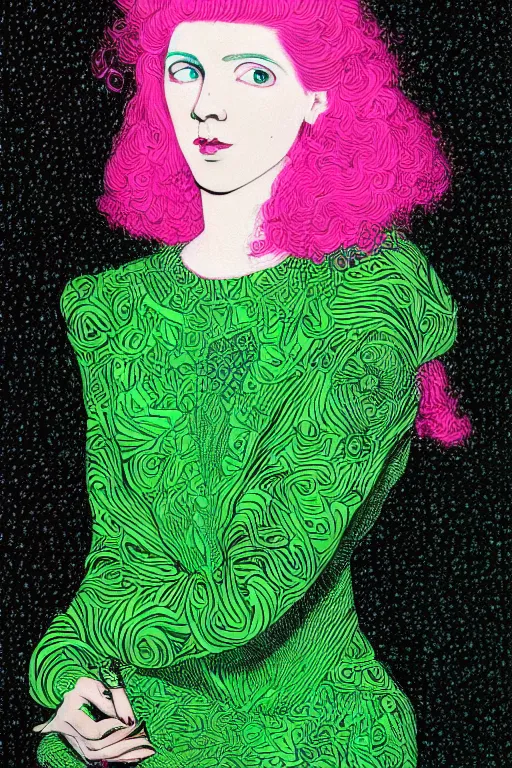 Image similar to portrait of a young pale woman with pink hair, wearing a neon green dress, intricate details, super-flat, in the style of James Jean
