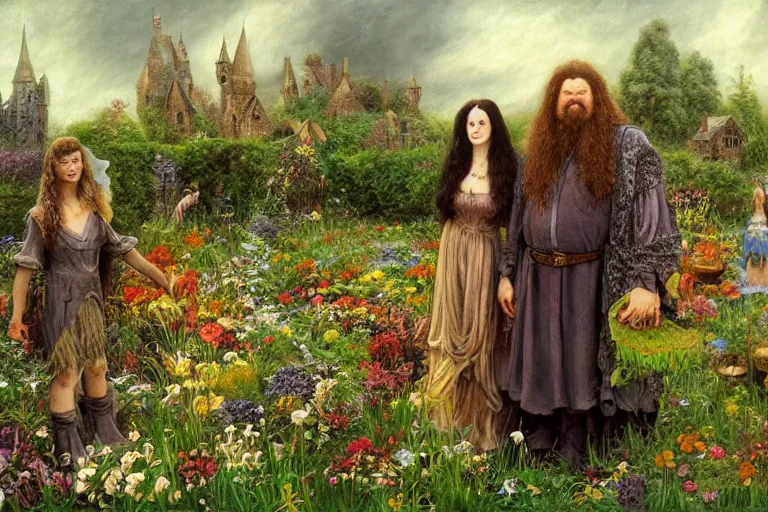 Prompt: hagrid the viking and morticia addams frolicking in a field of various flowers, fairy garden, masterpiece, highly detailed, oil on canvas, art by james gurney, graeme base, brian froud, alan lee