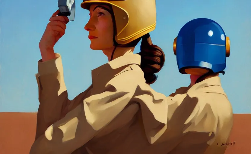 Image similar to Portrait of a woman engineer with helmet, very coherent, painted by Edward Hopper, painted by James Gilleard, airbrush, art by JamesJean