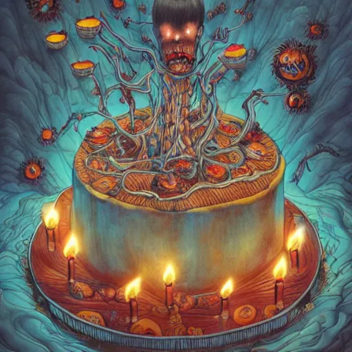 Prompt: epic view of a giant birthday cake with lit candles by junji ito and james jean and esao andrews, cake, candles, 4 k, hyperdetailed, hyperrealistic, trending on artstation, pencil art on paper, horror, dramatic lighting