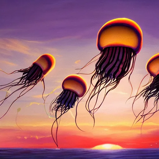 Image similar to a beautiful painting of a group of jellyfish fly in sunset by Angus Mckie, Trending on artstation