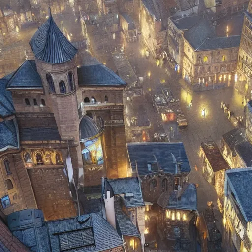 Image similar to an ultra detailed matte painting of the quaint town of galic, grid shaped city cobblestone streets, fantasy city, light snowfall, wind, inspiring gothic architecture, ultrawide lense, aerial photography, unreal engine, exquisite detail, 8 k, art by greg rutkowski and alphonse mucha