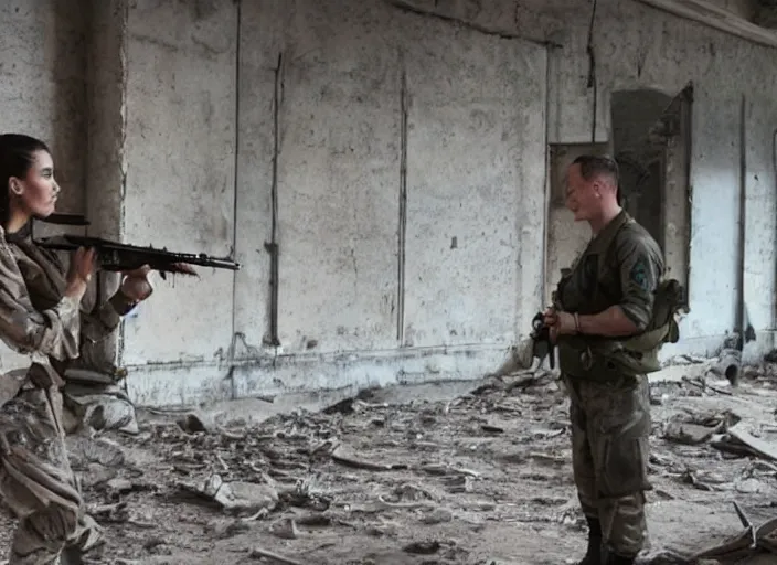 Image similar to a film still of kim kardashian as a soldier firing a rifle, open neckline, backround : abandoned school interior