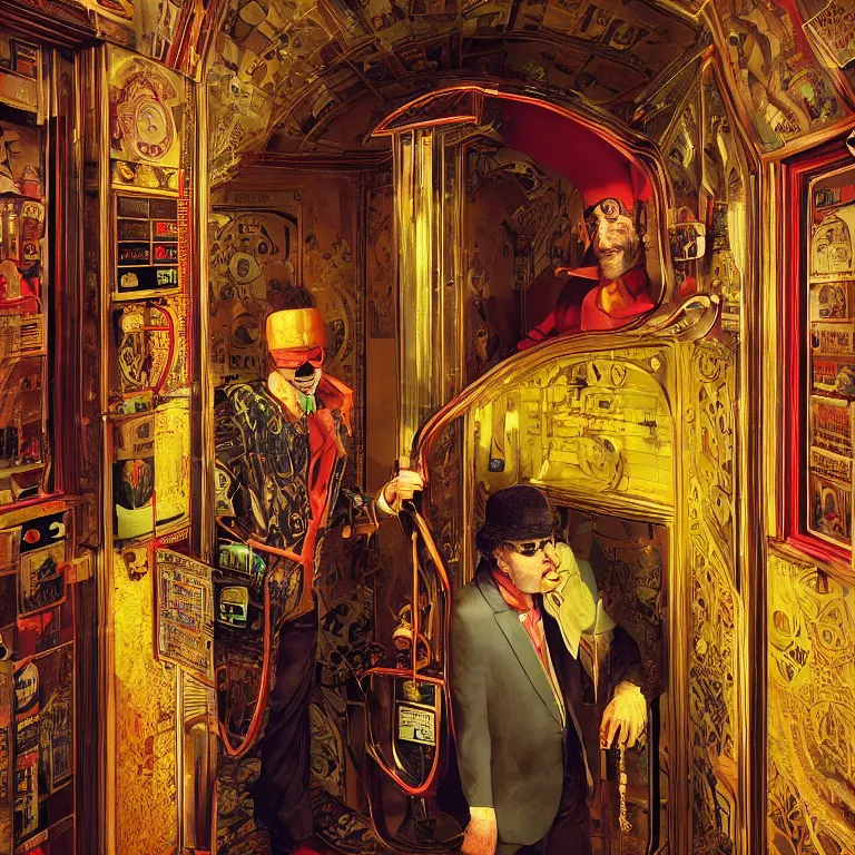 Image similar to low angle octane render portrait by wayne barlow and carlo crivelli and glenn fabry, a sinister man in a bright colorful saturated wes anderson elevator operator costume inside a dark and moody vintage elevator in a high - end exotic vintage boutique hotel, very short depth of field, bokeh