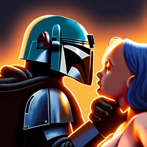 Image similar to mando from mandalorian kissing peter griffing from family guy ultra realistic, lens flare, atmosphere, glow, detailed, intricate, full of colour, cinematic lighting, trending on artstation, 4 k, hyperrealistic, focused, extreme details, unreal engine 5, cinematic, masterpiece, ultra realistic, hyper realistic, highly detailed, sharp focus, digital art