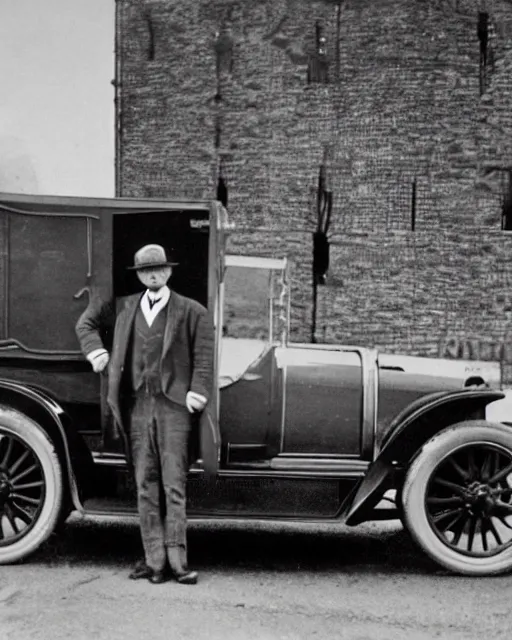 Prompt: 1 9 2 0 s photo of a person standing next to a tesla car