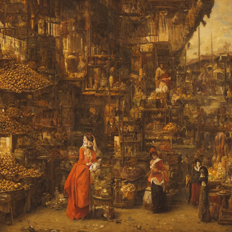 Prompt: young woman standing in a spice market at night by johann mongels culverhouse, oil on canvas, masterful intricate artwork, high detail 8 k