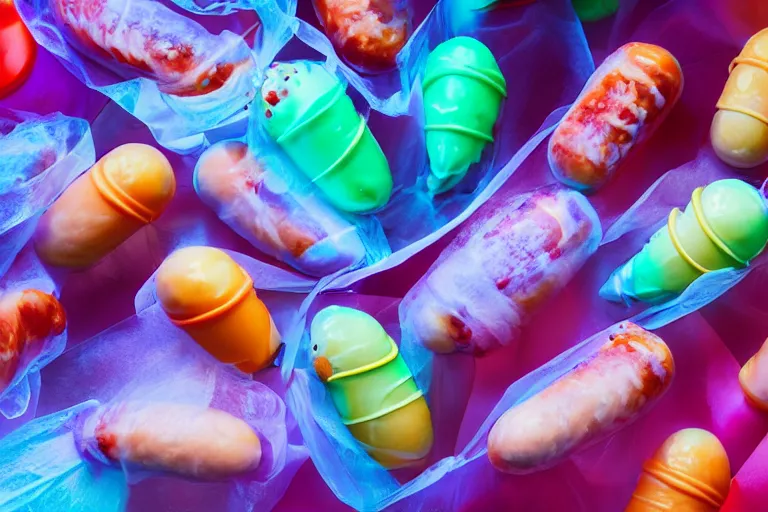 Prompt: beautiful transparent and translucent meaty pastel hotdogs, ice cream cones, levitating colorful plastic vending machine toys, clouds of vivid horse-hair wigs, plasticized spiral flames, Rembrandt, baroque, chiaroscuro, 8K photorealistic, Studio lighting, Low key lights