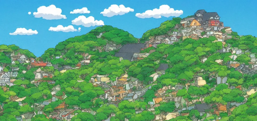 Image similar to studio ghibli hilly countryside and ocean