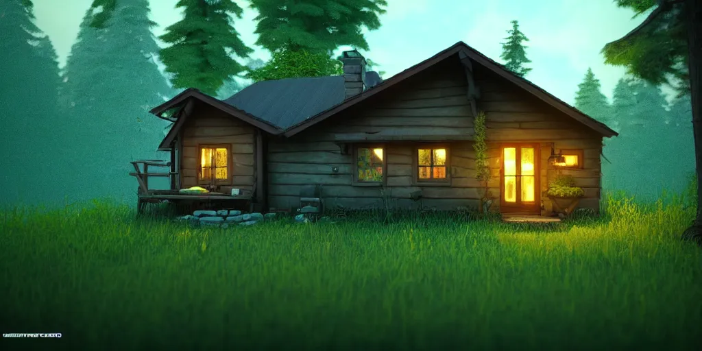 Image similar to a cozy little house in the woods, relaxing, 3 d concept art by scott zenteno, chill, relaxing, peaceful, sunset, extremely detailed art, unreal engine 5, hyper realism, blue - green aesthatic