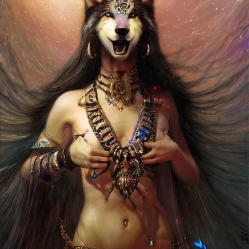 Image similar to cute female bellydancer wolf, anthropomorphic, stuning 3 d render, masterpiece, glowing holy aura, by donato giancola and greg rutkowski and wayne barlow and zdzisław beksinski, realistic face