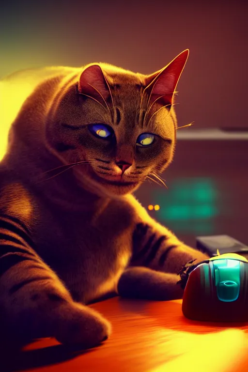 Image similar to portrait of a robotic cat eating a computer mouse. cinematic, cyberpunk, digital art, blender, octane render, volumetric lighting, 8 k, detailed, trending on artstation