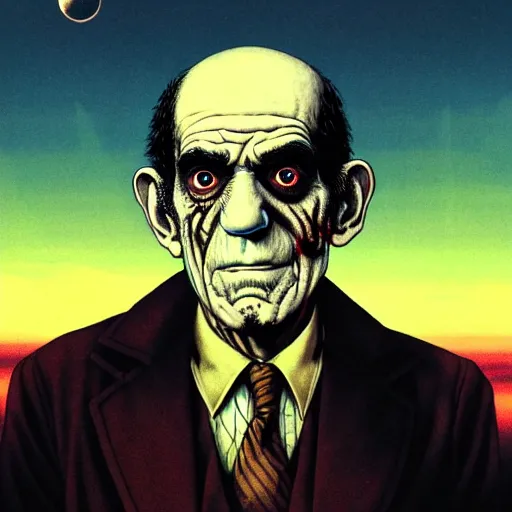 Prompt: full portrait of abe vigoda, disturbing horror zombie manga cover illustration by junji ito and joe fenton and syd mead and p. craig russell and barry windsor - smith, artstation, 4 k, graphic novel, concept art, matte painting, beautiful american rustic western landscape sunset background, golden hour, art nouveau