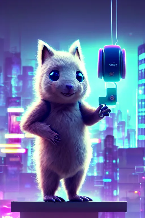 Image similar to high quality 3 d render neo - cyberpunk very cute half fluffy! wombat!! half cyborg with big headphones, pastel mechanical! paw, cyberpunk monocle!, highly detailed, unreal engine cinematic smooth, in the style of detective pikachu, hannah yata charlie immer, neon purple light, low angle, uhd 8 k, sharp focus