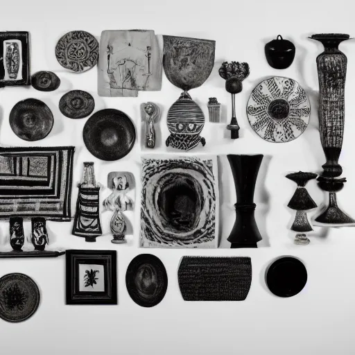 Prompt: a black and white screen print photography of a arrangement of colonial objects, 6 0 s ( ( ( ( ( anthropology ) ) ) ) ) colonial, meta exotic artifacts