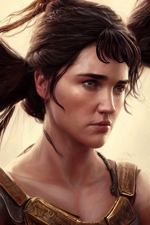 Image similar to portrait of Young Jennifer Connelly as Xena warrior princess , face portrait, raphael lacoste, eddie mendoza, alex ross, concept art, matte painting, highly detailed, rule of thirds, dynamic lighting, cinematic, detailed, denoised, centred