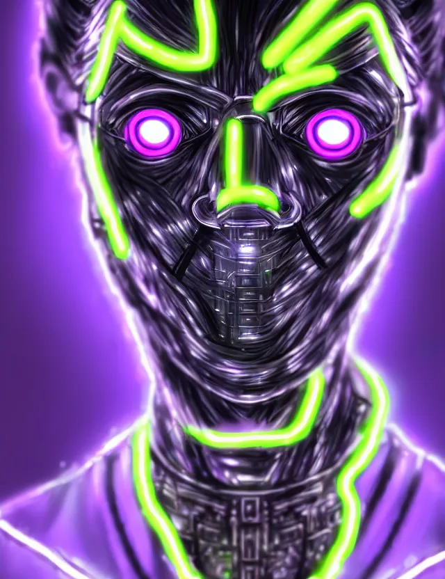 Prompt: a detailed manga portrait of a black haired man with a cybernetic body and face mask with glowing neon purple lights, trending on artstation, digital art, 4 k resolution, detailed, high quality, sharp focus, hq artwork, coherent, insane detail, character portrait