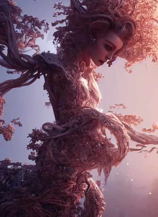 Image similar to stunning biomechanical incredible hair, masterpiece crystalline incrustations, hyperdetailed face, elegant pose, movie still, intricate, octane render, cinematic forest lighting, cgsociety, unreal engine, crepuscular rays, god rays