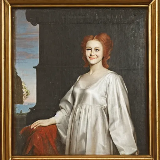 Image similar to portrait of a young woman in silver robe with a radiant smile, fine art