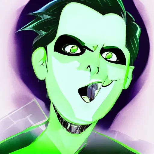 Image similar to A digital matte intricate illustration concept art of young Danny phantom with glowing green eyes and sharp teeth fangs alt art fashion inspired art by C