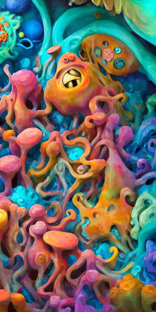 Image similar to of a colorful deep sea cave with strange cute friendly happy creatures with huge eyes, mouth, long tongue and round teeth appearing from sandy coral, in the style of gehry and gaudi, macro lens, shallow depth of field, ultra detailed, digital painting, trending artstation, concept art, illustration, cinematic lighting, photorealism, epic, octane render