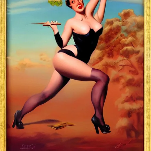 Image similar to a painting in the style of gil elvgren and in the style of boris vallejo.