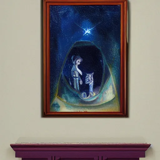 Prompt: a painting of a young galactic king looking out of his window, galaxy with multiple stars in the distance