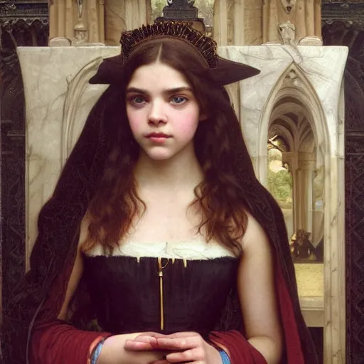 Image similar to detailed portrait painting of a princess who resembles Anya Taylor Joy, Chloe Grace Moretz, and Emma Watson in a steampunk cathedral by Michael Whelan, William Adolphe Bouguereau, John Williams Waterhouse,