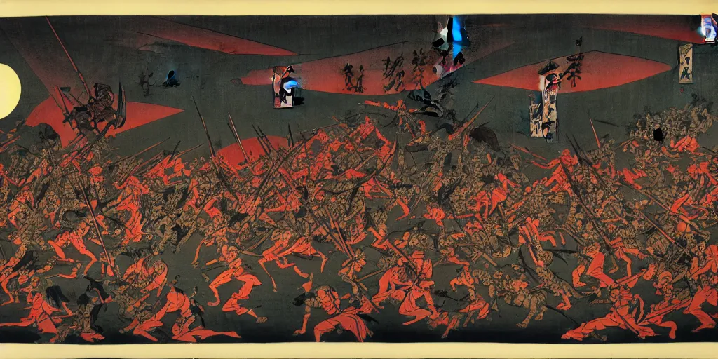 Image similar to an army of undead, at dusk, by Utagawa Kuniyoshi, dramatic lighting, high contrast colors, panoramic view, as trending on Artstation,