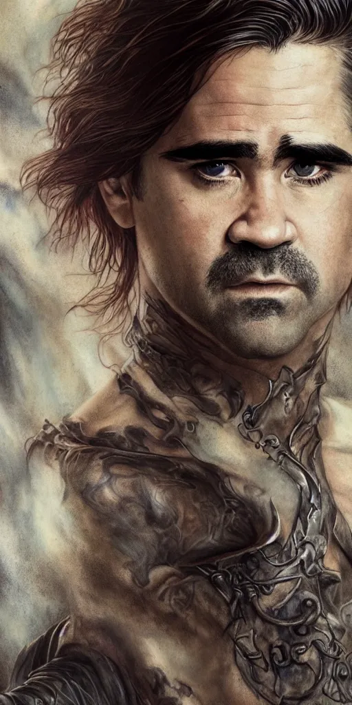 Prompt: colin farrell, tattoos, dungeons and dragons, fame of thrones masterpiece by edgar maxence and ross tran and michael whelan, gustav dore, 8 k, octane render