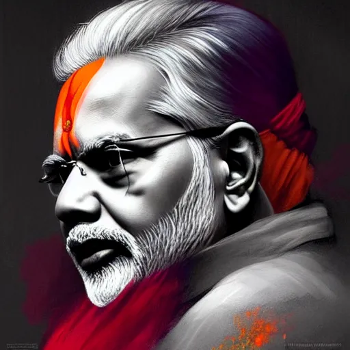 Image similar to Narendra Modi , colorful painting on grey scale face, powerful , magic, thunders, dramatic lighting, intricate, wild, highly detailed, digital painting, artstation, concept art, smooth, sharp focus, illustration, art by artgerm and greg rutkowski and alphonse mucha, footage