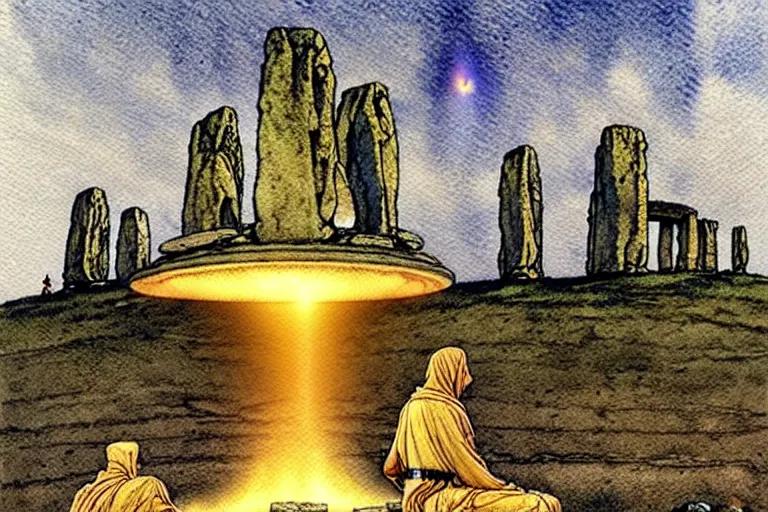 Image similar to a realistic and atmospheric watercolour fantasy concept art of a golden ufo landing on top of stonehenge. a giant medieval monk in grey robes on his knees praying. muted colors. by rebecca guay, michael kaluta, charles vess and jean moebius giraud