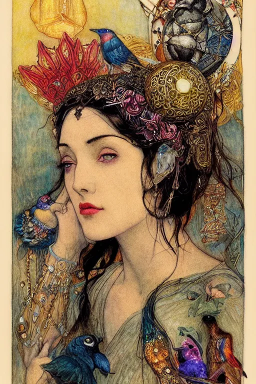 Prompt: queen of the dawn with her lantern and birds, by Luis Royo Annie Swynnerton and Nicholas Roerich Edmund Dulac, tattooed face, elaborate headdress and embroidered velvet, iridescent beetles, rich color, dramatic cinematic lighting, extremely detailed