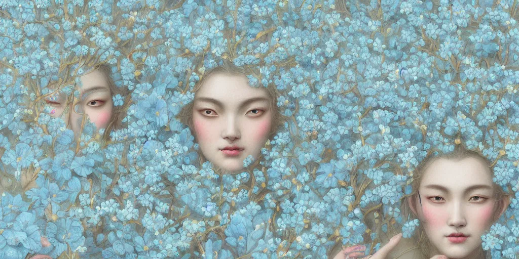 Prompt: breathtaking detailed concept art painting pattern of faces goddesses of light blue flowers with anxious piercing eyes and blend of flowers and birds, by hsiao - ron cheng and john james audubon, bizarre compositions, exquisite detail, extremely moody lighting, 8 k