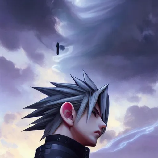 Image similar to thundercloud with a cloud strife's face on it, face only, no body, trending on artstation, high contrast, highly detailed, epic, 4 k, artstation, greg rutkowski, makoto shinkai, beautiful sky